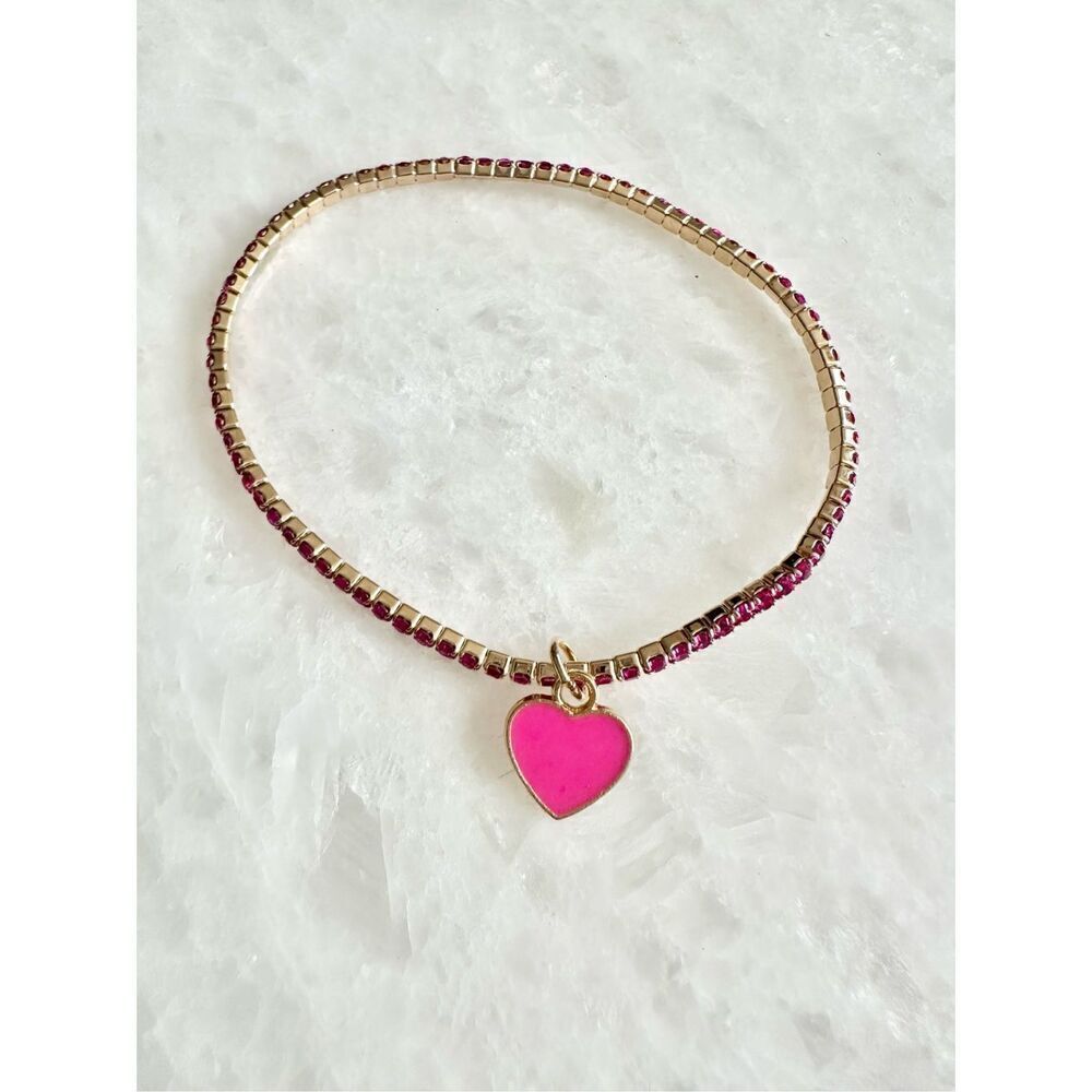 Hot pink enamel heart rhinestone stretch bracelet ￼